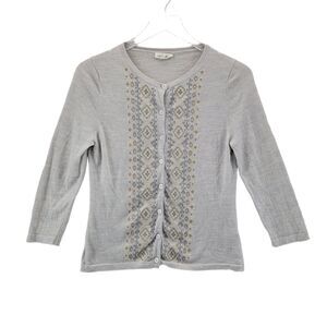 Garnet Hill 100% Merino Wool Cardigan Sweater Size‎ Small Light Gray Embroidered